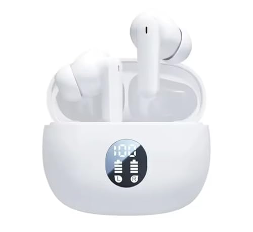 Wireless Earbuds, Bluetooth 5.3 Headphones Bass Stereo, Ear Buds with Noise Cancelling Mic LED Display, IP7 Waterproof in Ear Earphones, 36H Playtime for Laptop Pad Phones Sports Workout (White)