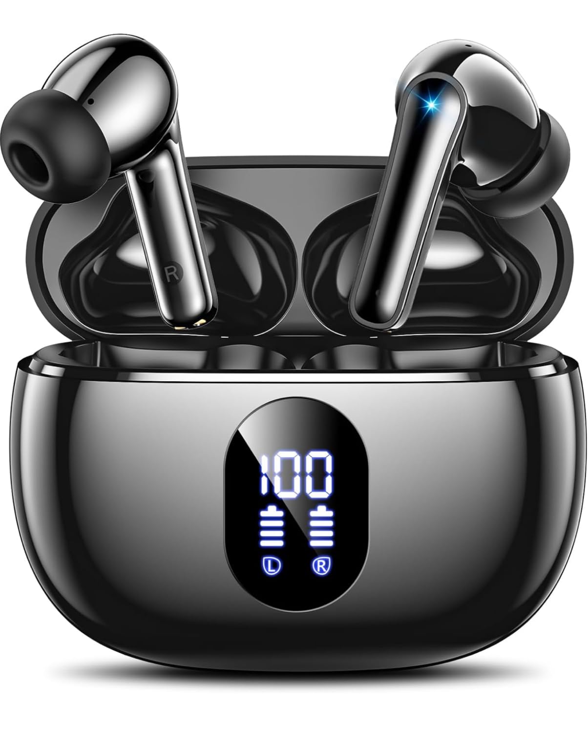 Wireless Earbuds, Bluetooth 5.3 Headphones Bass Stereo, Ear Buds with Noise Cancelling Mic LED Display, IP7 Waterproof in Ear Earphones, 36H Playtime for Laptop Pad Phones Sports Workout (Black)