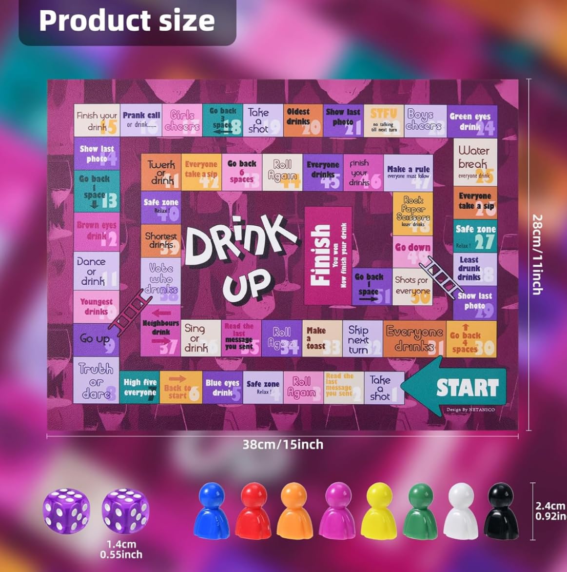 Drink Up Board Game Set with 8 Player Pieces, 2 Dice, 15 x 11 inch Game Board, Party Game for Adults, Interactive Girls Night, Drinking Games, Bachelorette, Age 21+, 2-8 Players
