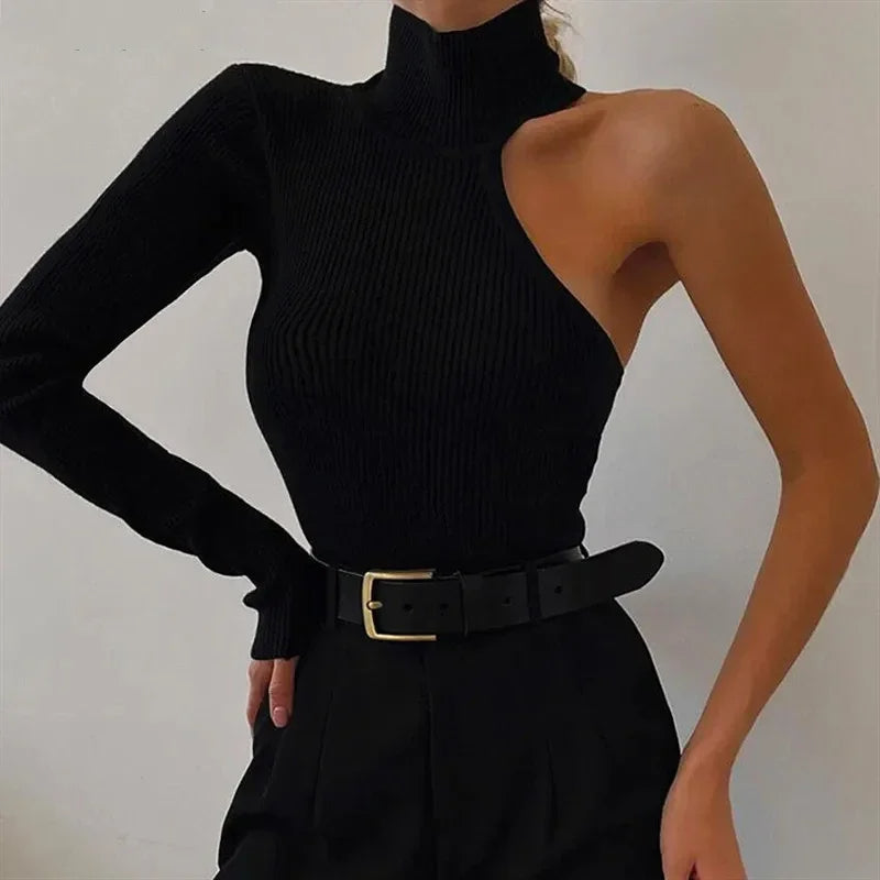 abigail&bleu Women's One Shoulder Halter Cut Out Long Sleeve Leotard Bodysuit Top