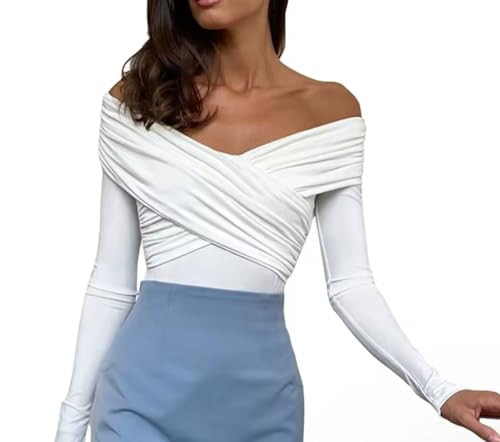 abigail&bleu Sexy Criss Crossed Folds Off Shoulder Long Sleeve Bodysuit