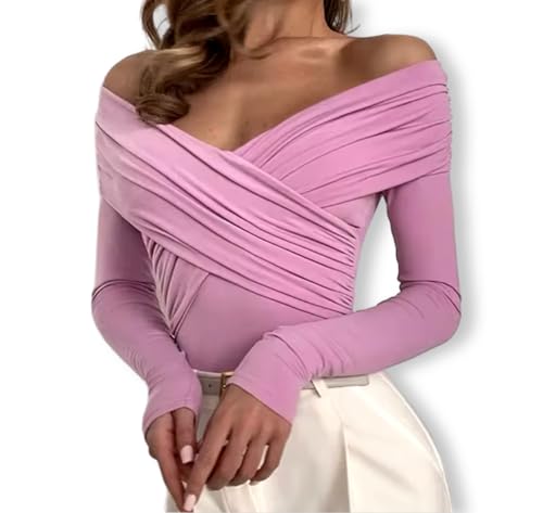 abigail&bleu Sexy Criss Crossed Folds Off Shoulder Long Sleeve Bodysuit