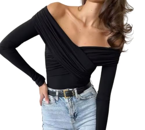 abigail&bleu Sexy Criss Crossed Folds Off Shoulder Long Sleeve Bodysuit