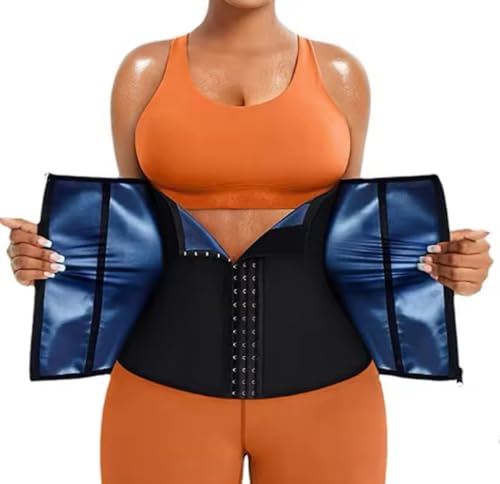 Sauna Sweatsuit Belt Waist Trainer Corset with Hook and Eye, Zipper Closure, Adjustable Compression Belt, Black/Blue