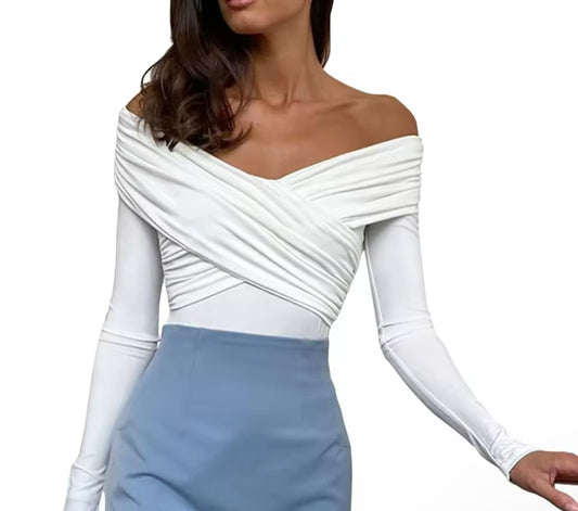 abigail&bleu Sexy Criss Crossed Folds Off Shoulder Long Sleeve Bodysuit