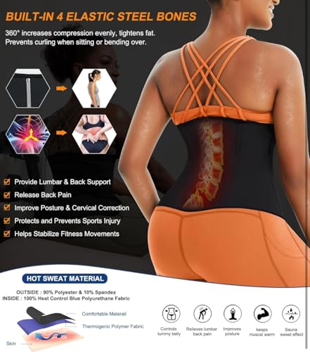 Sauna Sweatsuit Belt Waist Trainer Corset with Hook and Eye, Zipper Closure, Adjustable Compression Belt, Black/Blue