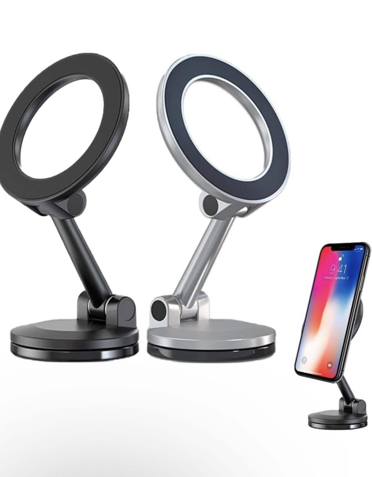 Magnetic Phone Stand Holder, Adjustable Desktop Mount, 360-Degree Rotation, Universal (Black and Silver) (Gray)