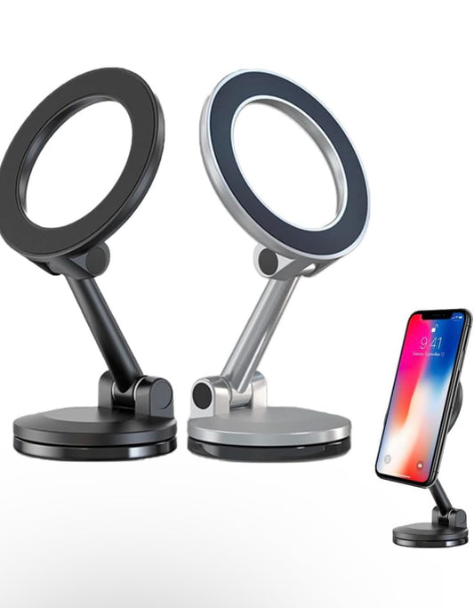 Magnetic Phone Stand Holder, Adjustable Desktop Mount, 360-Degree Rotation, Universal (Black and Silver) (Gray)