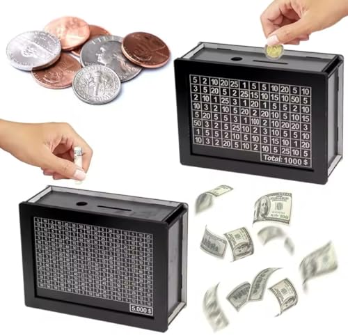 Money Box Game with Dry Erase Marker, 6.69 x 4.92 x 2.56 inches, 1000/2000/3000/5000/10000 USD Total Grid Design, Reusable, Piggy Bank, Money Goal for The Habit of Saving (Black) (1000)