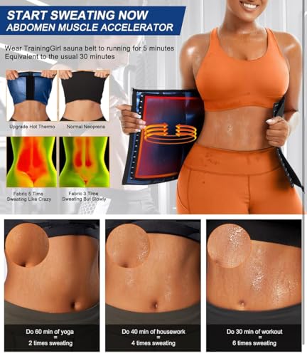 Sauna Sweatsuit Belt Waist Trainer Corset with Hook and Eye, Zipper Closure, Adjustable Compression Belt, Black/Blue