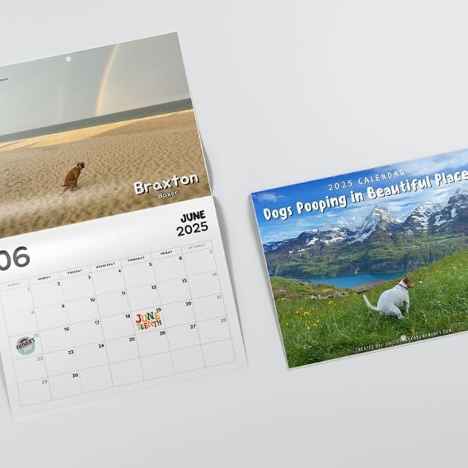 2025 Wall Calendar, Dogs Pooping in Beautiful Places, Funny Gag Gift, 9 x 7 inches