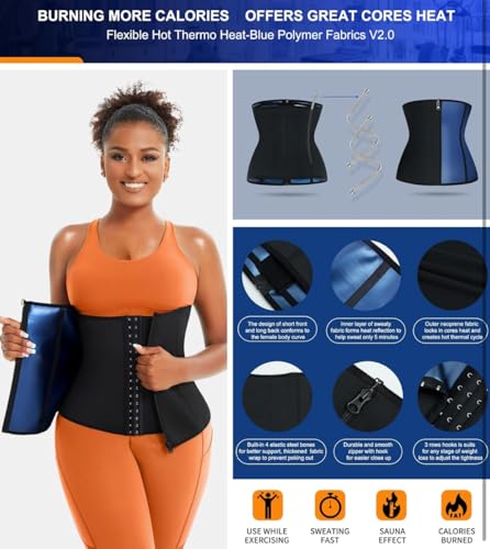 Sauna Sweatsuit Belt Waist Trainer Corset with Hook and Eye, Zipper Closure, Adjustable Compression Belt, Black/Blue