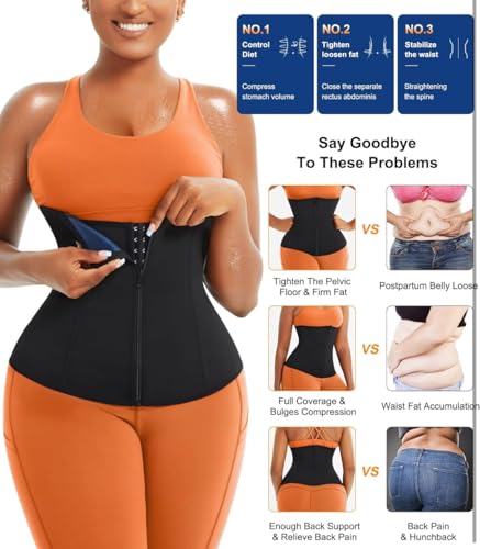 Sauna Sweatsuit Belt Waist Trainer Corset with Hook and Eye, Zipper Closure, Adjustable Compression Belt, Black/Blue