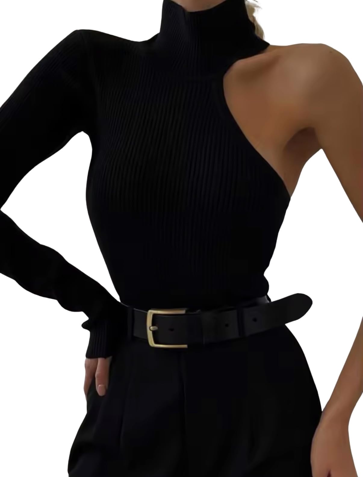 abigail&bleu Women's One Shoulder Halter Cut Out Long Sleeve Leotard Bodysuit Top