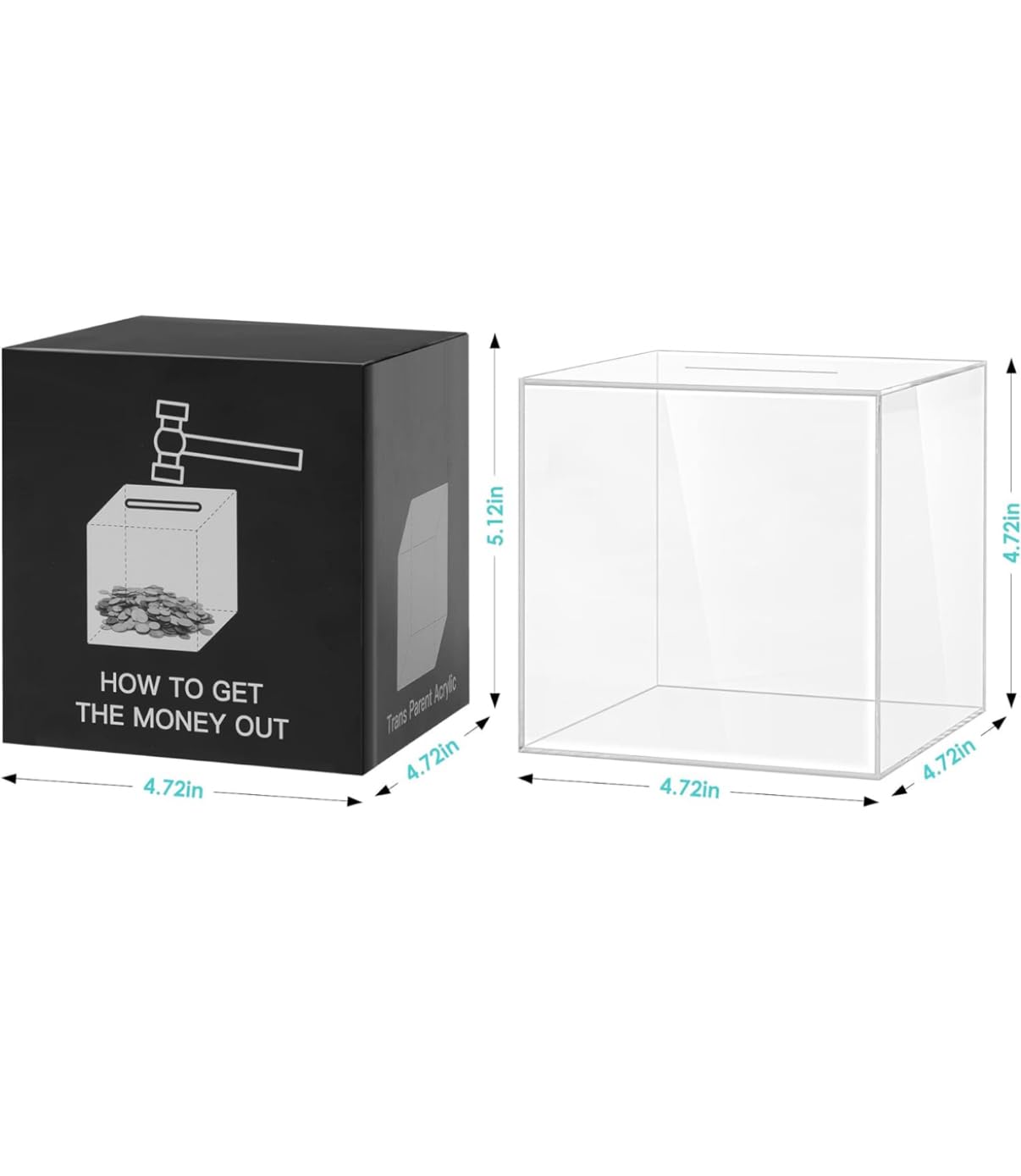 Piggy Bank for Adults Must Break to Open, Money Saving Box for Cash Saving, Unopenable for Real Money Bank Coin Bank Change Jar (4.72x4.72x5.12 in, 12x12CM) Clear Acrylic