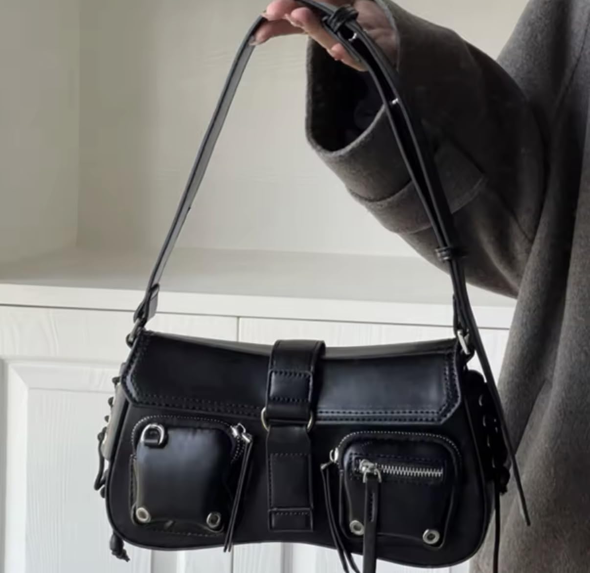 Y2K Korean Women's Harajuku Vintage Gothic Black Hand Bag, Aesthetic Elegant Punk Wallet Purse, Handbags Shoulder Trend Tote Bags