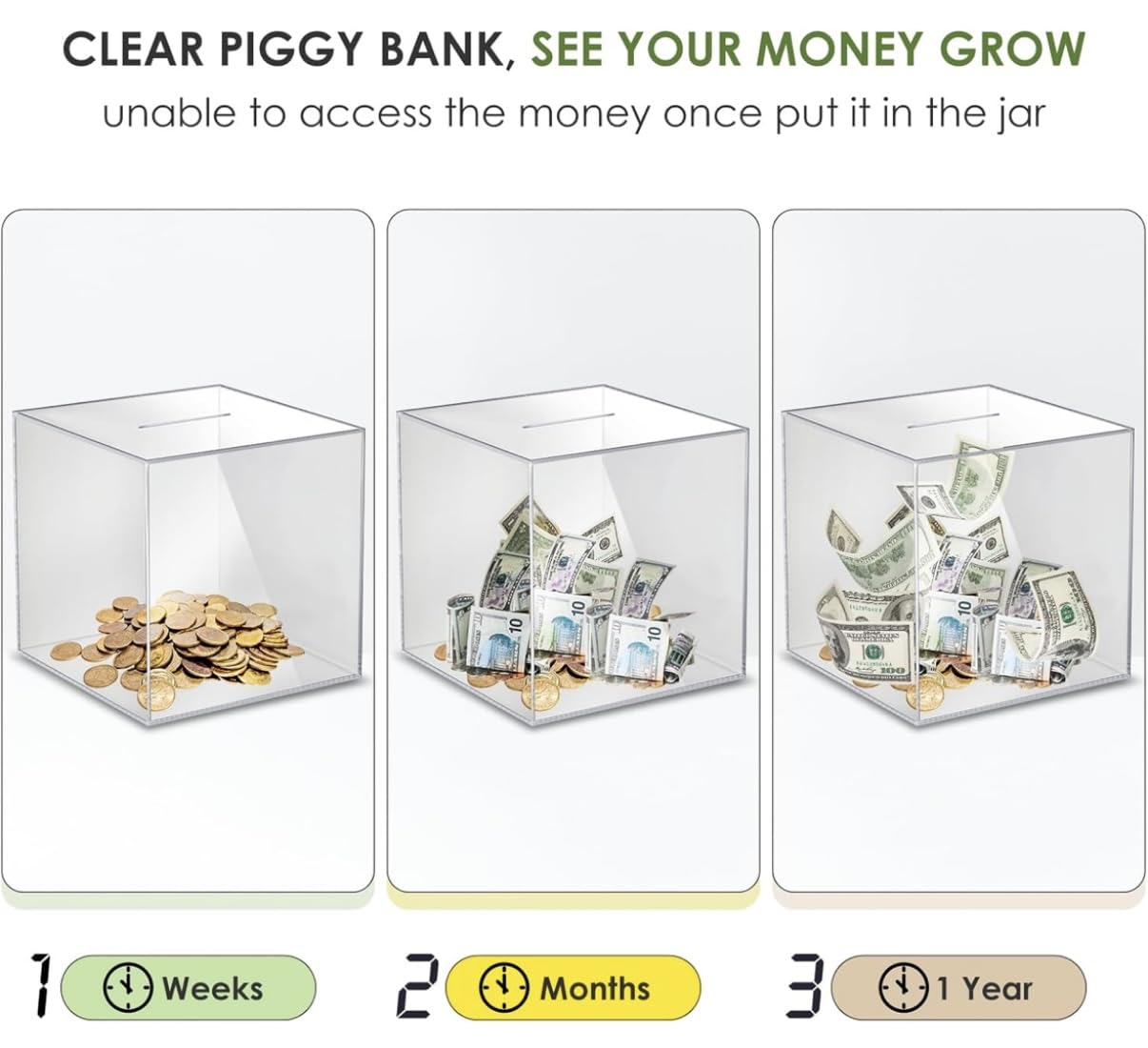 Piggy Bank for Adults Must Break to Open, Money Saving Box for Cash Saving, Unopenable for Real Money Bank Coin Bank Change Jar (4.72x4.72x5.12 in, 12x12CM) Clear Acrylic