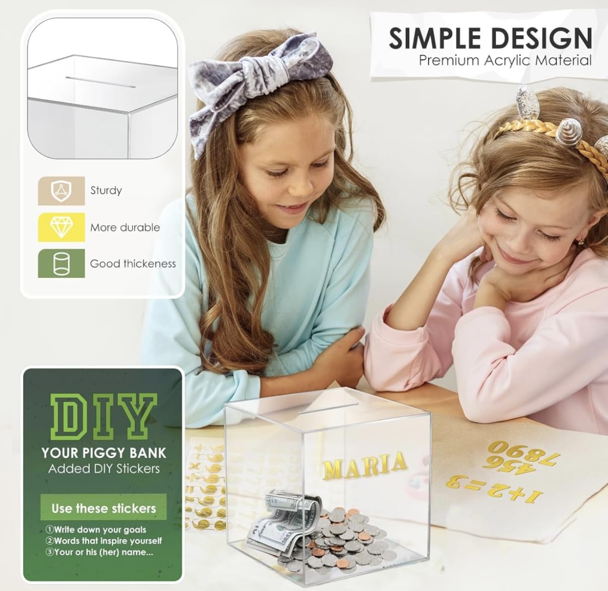 Piggy Bank for Adults Must Break to Open, Money Saving Box for Cash Saving, Unopenable for Real Money Bank Coin Bank Change Jar (4.72x4.72x5.12 in, 12x12CM) Clear Acrylic