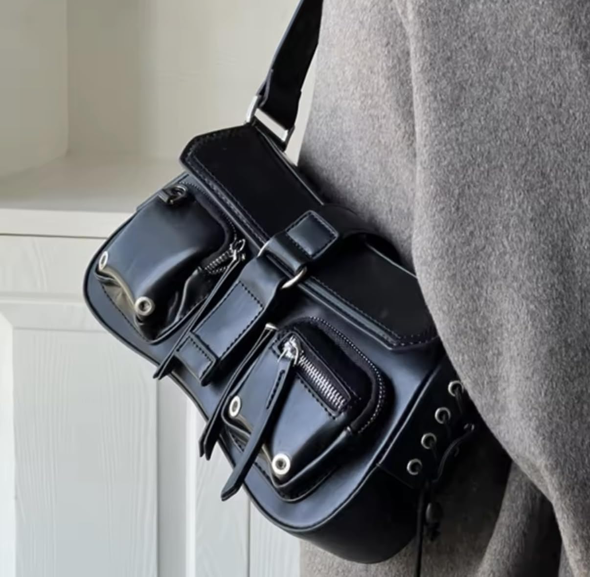 Y2K Korean Women's Harajuku Vintage Gothic Black Hand Bag, Aesthetic Elegant Punk Wallet Purse, Handbags Shoulder Trend Tote Bags