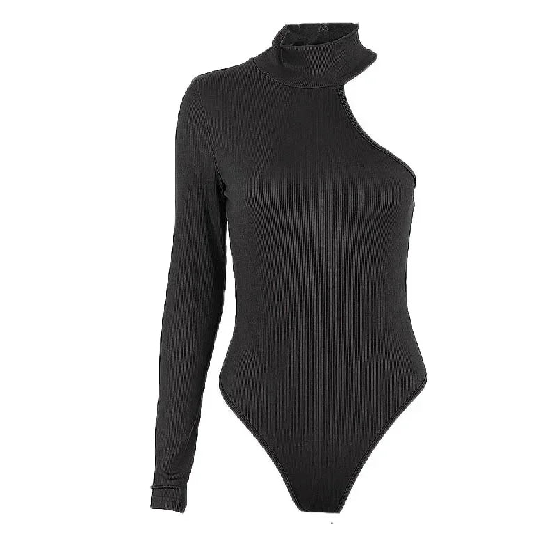 abigail&bleu Women's One Shoulder Halter Cut Out Long Sleeve Leotard Bodysuit Top