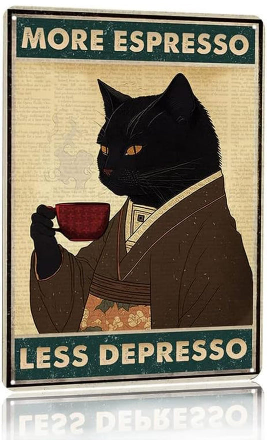 Black Cat Coffee Poster More Espresso Less Depresso Wall Sign Novelty Metal Tin Sign Home Vintage Art Decor Iron Painting 12 x 8 Inch