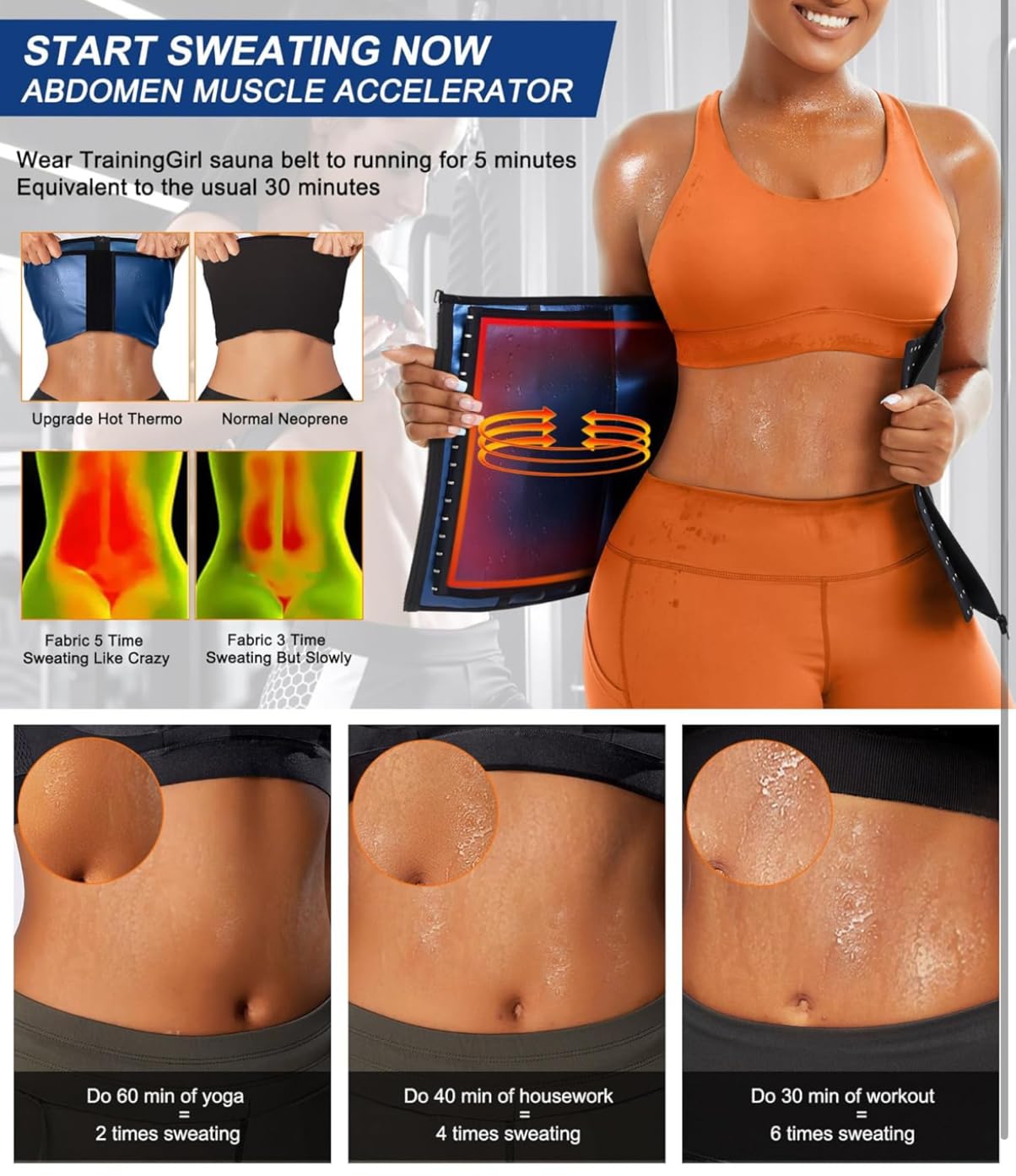 Sauna Sweatsuit Belt Waist Trainer Corset with Hook and Eye, Zipper Closure, Adjustable Compression Belt, Black/Blue