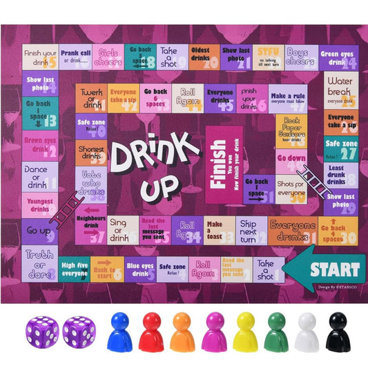 Drink Up Board Game Set with 8 Player Pieces, 2 Dice, 15 x 11 inch Game Board, Party Game for Adults, Interactive Girls Night, Drinking Games, Bachelorette, Age 21+, 2-8 Players