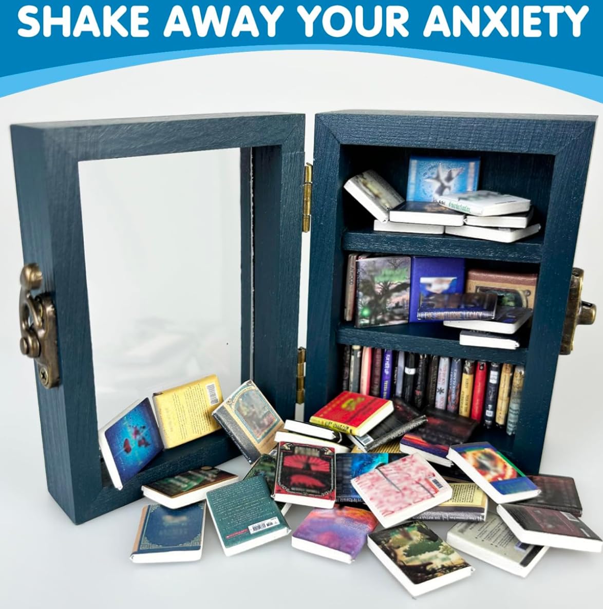 Anxiety Bookshelf Mini Bookshelf Ornament Miniature Bookshelf Decor Shake Bookshelf Shake Away Your Anxiety Miniature Book Library with Mini Books for Book Lovers Home Room Office Decor (Blue)