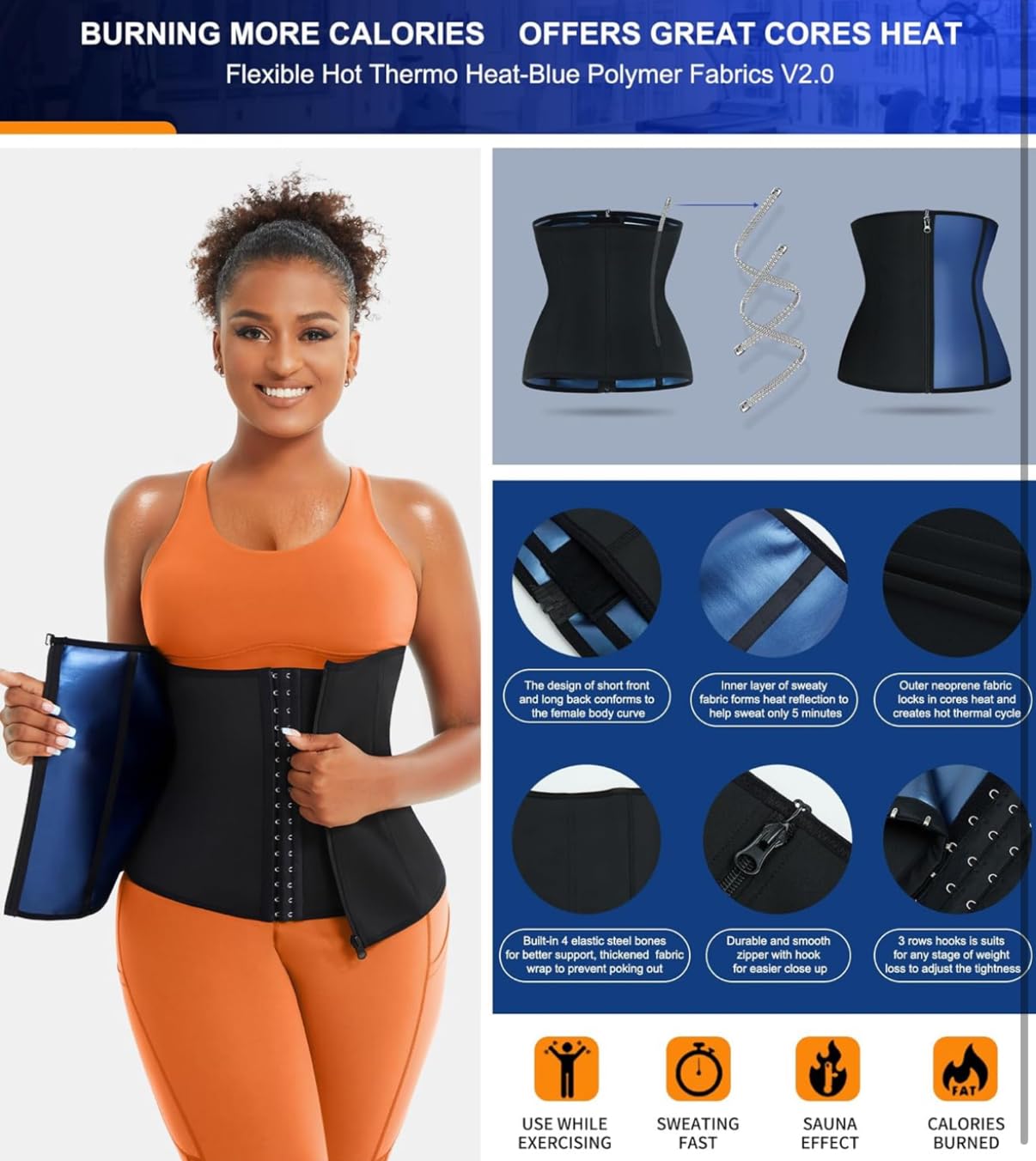 Sauna Sweatsuit Belt Waist Trainer Corset with Hook and Eye, Zipper Closure, Adjustable Compression Belt, Black/Blue