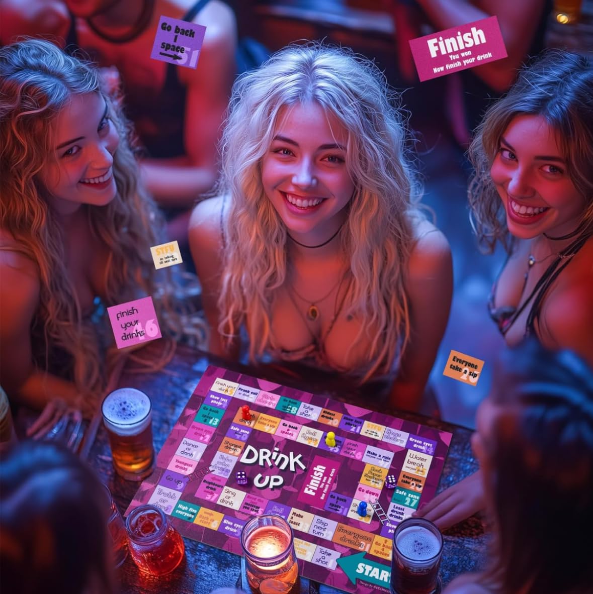 Drink Up Board Game Set with 8 Player Pieces, 2 Dice, 15 x 11 inch Game Board, Party Game for Adults, Interactive Girls Night, Drinking Games, Bachelorette, Age 21+, 2-8 Players