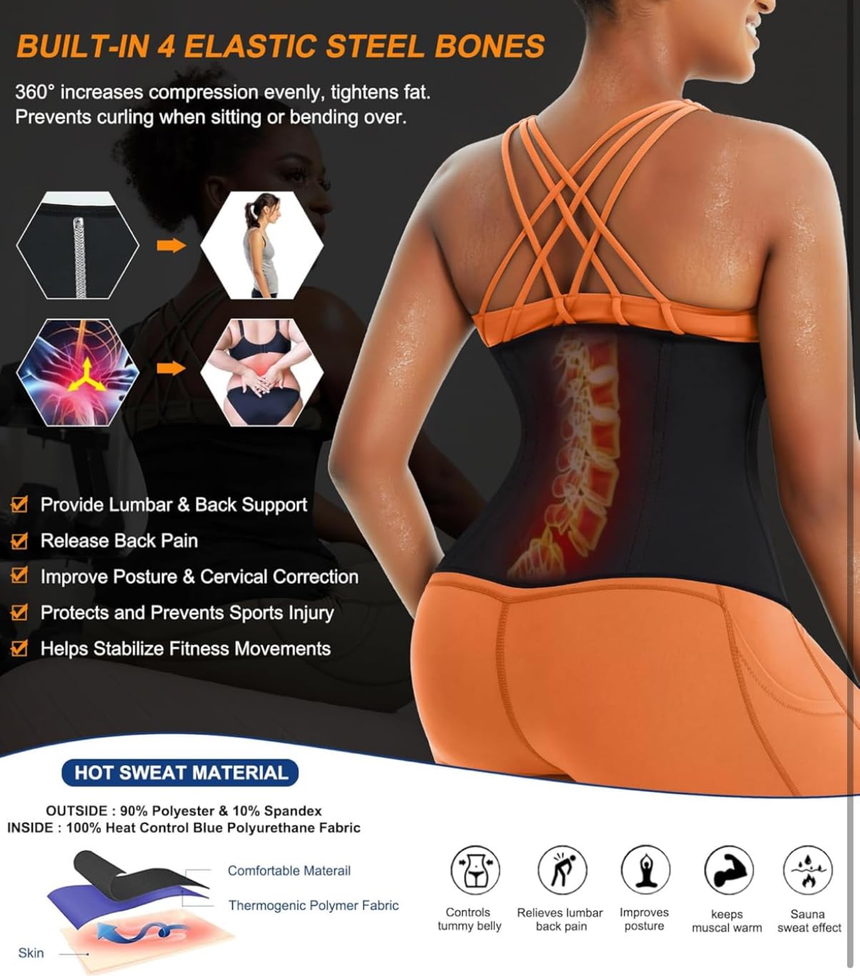 Sauna Sweatsuit Belt Waist Trainer Corset with Hook and Eye, Zipper Closure, Adjustable Compression Belt, Black/Blue