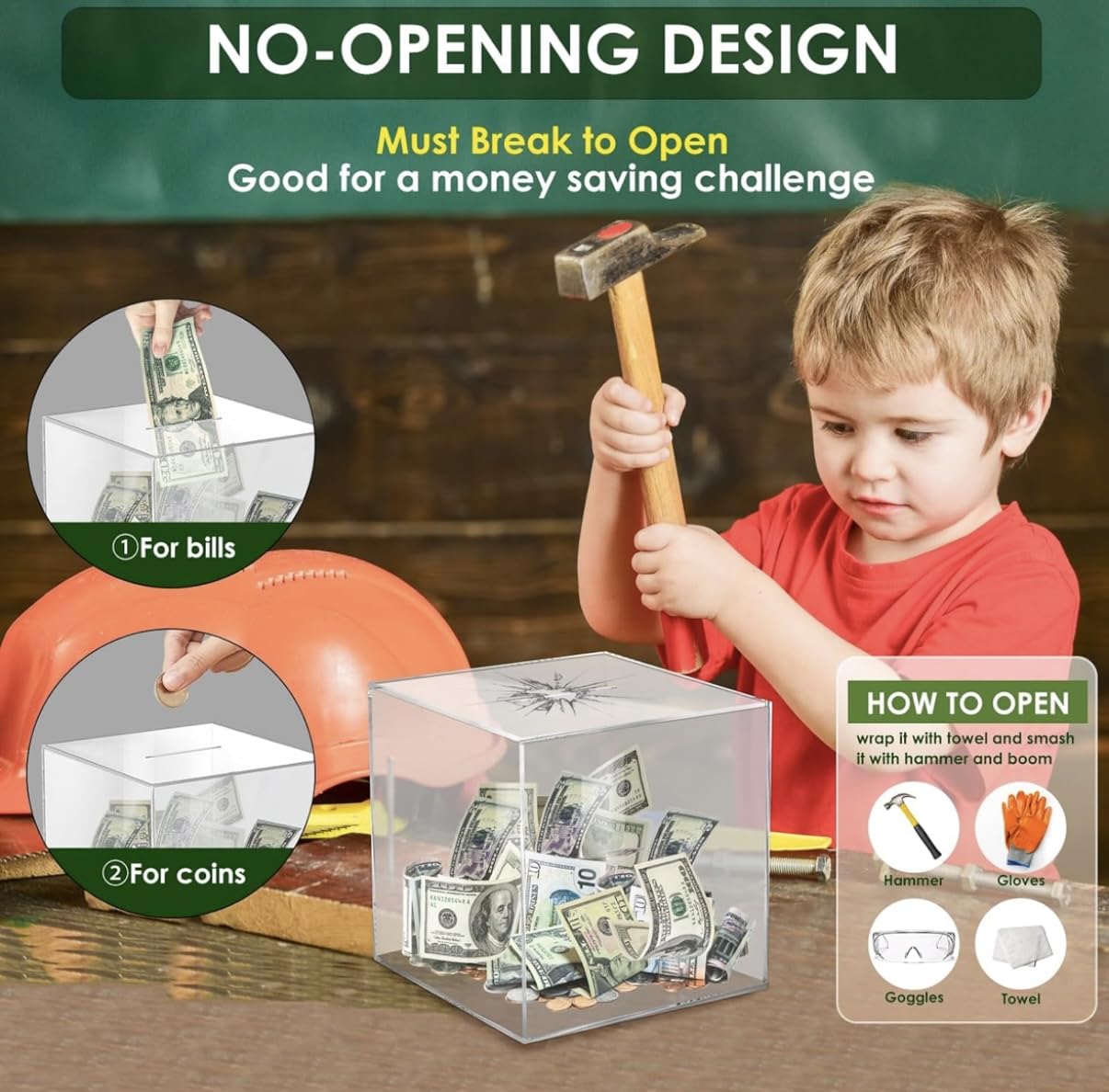 Piggy Bank for Adults Must Break to Open, Money Saving Box for Cash Saving, Unopenable for Real Money Bank Coin Bank Change Jar (4.72x4.72x5.12 in, 12x12CM) Clear Acrylic