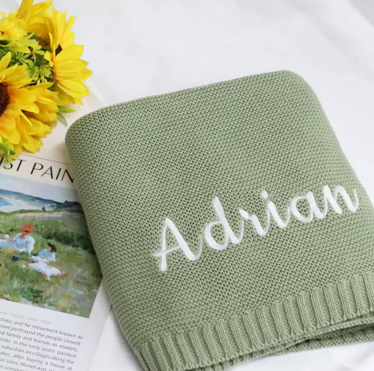 Abigail&bleu Personalized Name Baby Knitted Blanket, 100% Cotton, 40 x 31 inches, Skin-Friendly, Warm Newborn Wrap for Winter